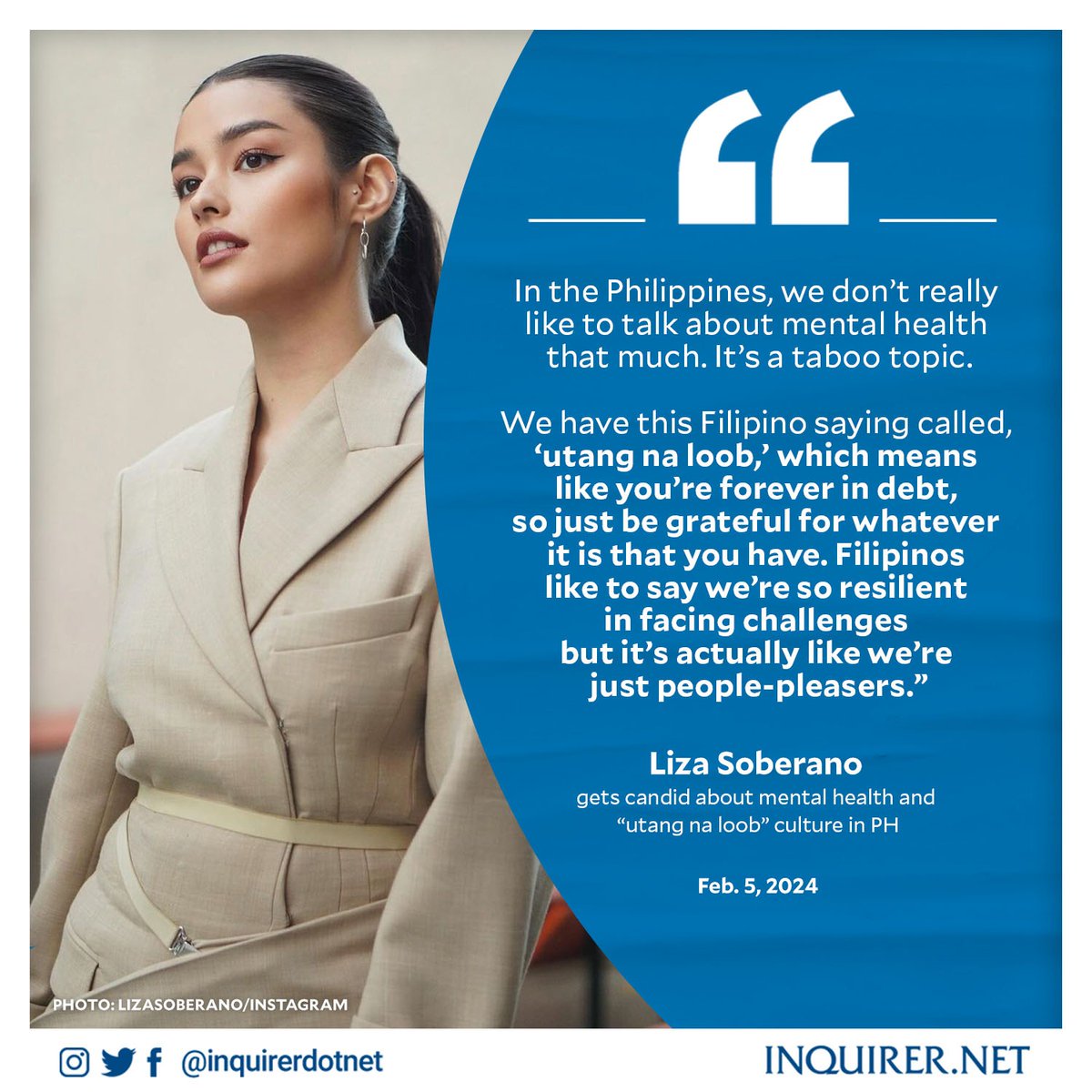 inquirerdotnet's tweet photo. ‘WE’RE JUST PEOPLE-PLEASERS.’
 
Liza Soberano opened up about how mental health is viewed as a “taboo topic” in the Philippines, as she shared that putting up a facade of being “resilient in facing challenges” is considered to be the norm.
 
READ MORE: https://t.co/W8ID3LEtOa https://t.co/b3Y0h5rLEm