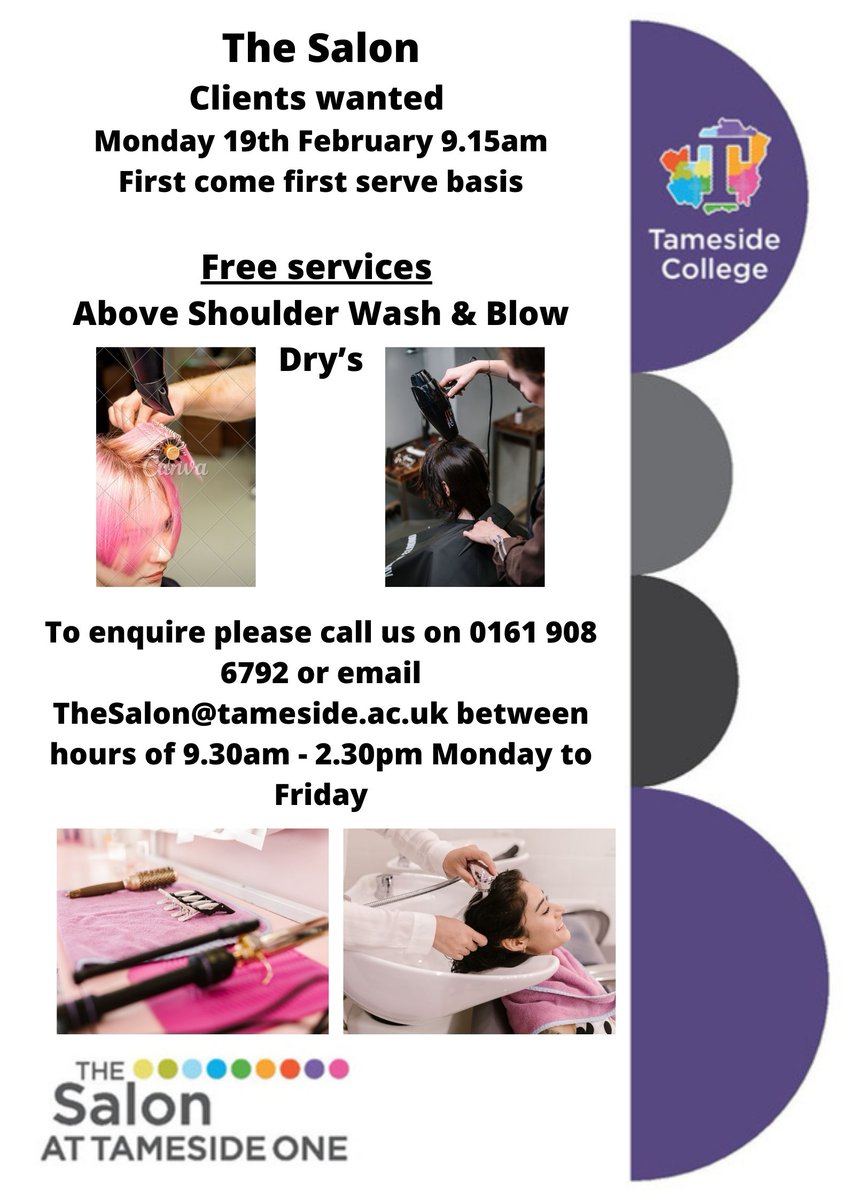 TheSalonAtT1's tweet photo. The Salon at Tameside One has the following treatment available on Monday 19th February at 9.15am.
To book, please call us on 0161 908 6792 or email TheSalon@tameside.ac.uk between hours of 9.30am - 2.30pm Monday to Friday
#TheSalonAtT1 #ICanBe #Blowdry https://t.co/xOKcNTElqI