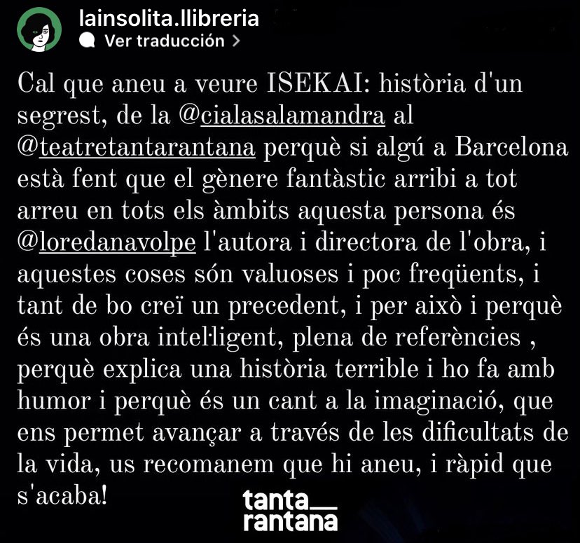 Molt agraïda per aquestes paraules i pel valor que li doneu a la proposta! 📚💚 Última setmana d’𝗜𝗦𝗘𝗞𝗔𝗜, l’espectacle immersiu de gènere fantàstic, a <a href="/elTantarantana/">Teatre Tantarantana</a> ✨ 

+ info: lc.cx/oHf9HG