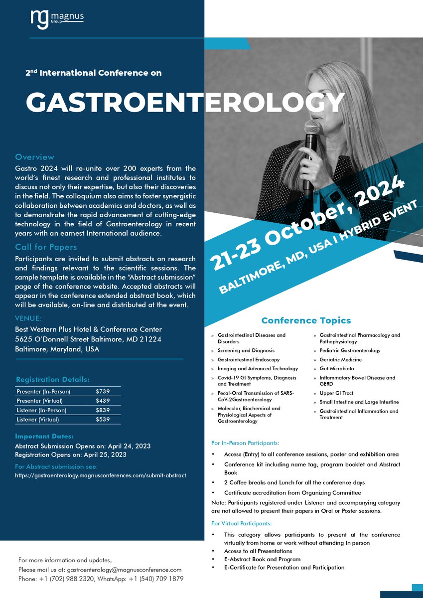 gastro_conf's tweet photo. Join us for the @gastro_conf where global health leaders, experts, and innovators come together, organized by @magnus_group
October 21-23, 2024
Baltimore, USA.
Phone: +1 (702) 988-2320 
WhatsApp: +1 (540) 709 1879 https://t.co/x0LSyz8LB2
