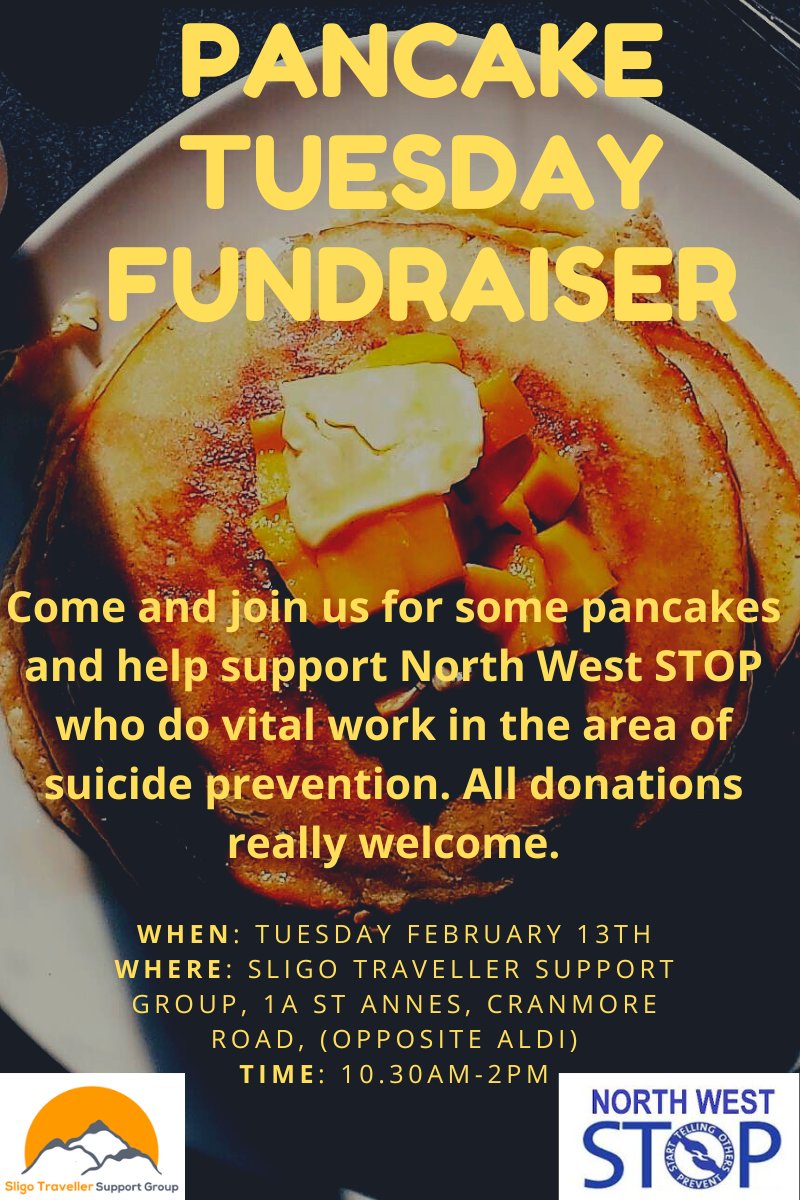 Please support our #PancakeTuesday fundraiser for North West Stop this Tuesday Feb 13th from 10.30am-2pm at our office in #Sligo. Please support if you can and if you are not in a position to donate please still come along for some pancakes, tea and chat! #MentalHealth #Sligo