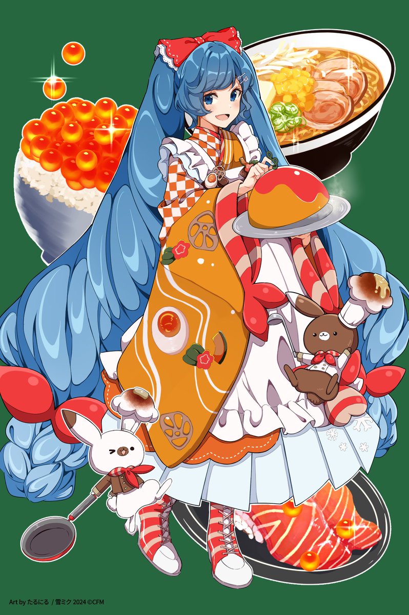 hatsune miku ,rabbit yukine ,yuki miku 1girl food very long hair long hair apron green background blue hair  illustration images