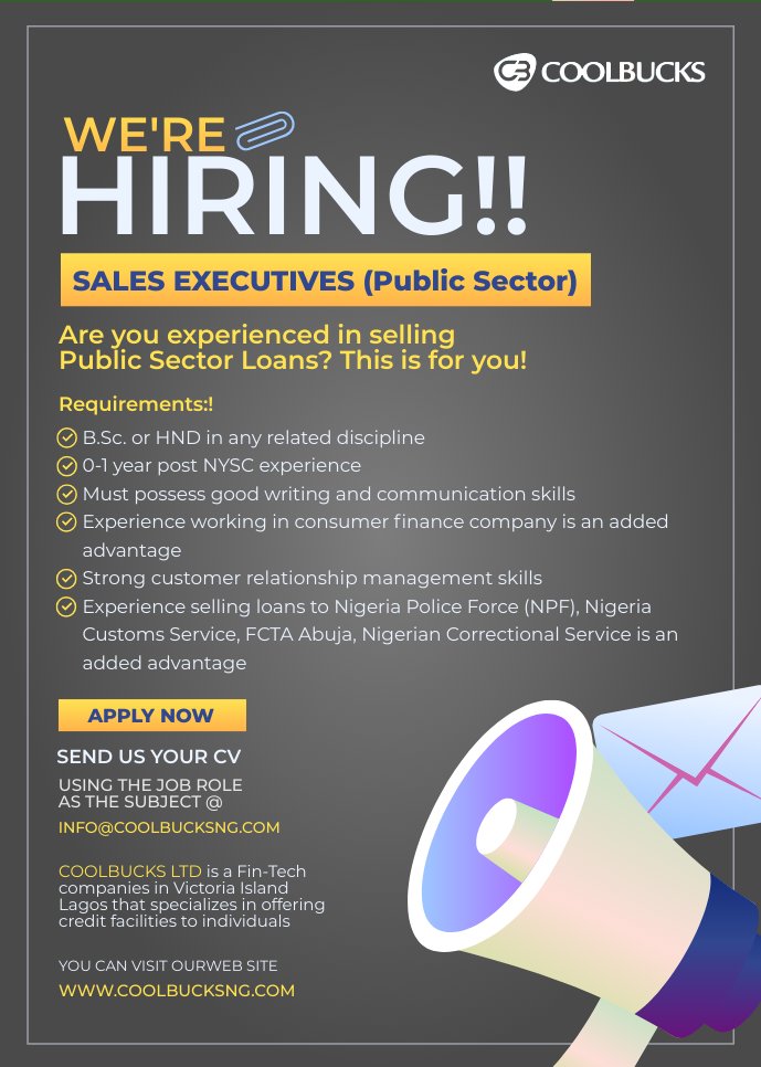 coolbucksng's tweet photo. WE'RE HIRING!! 
1. Sales team Lead (Public Sector)
2. Experienced Accountant
3. Finance/Operations Analyst
4. Sales Executives

Location: V.I, Lagos

To apply, send your application to info@coolbucksng.com using the Job title as the subject

#hiring #Recruiting #jobsearch https://t.co/GrIXdUF5Ec