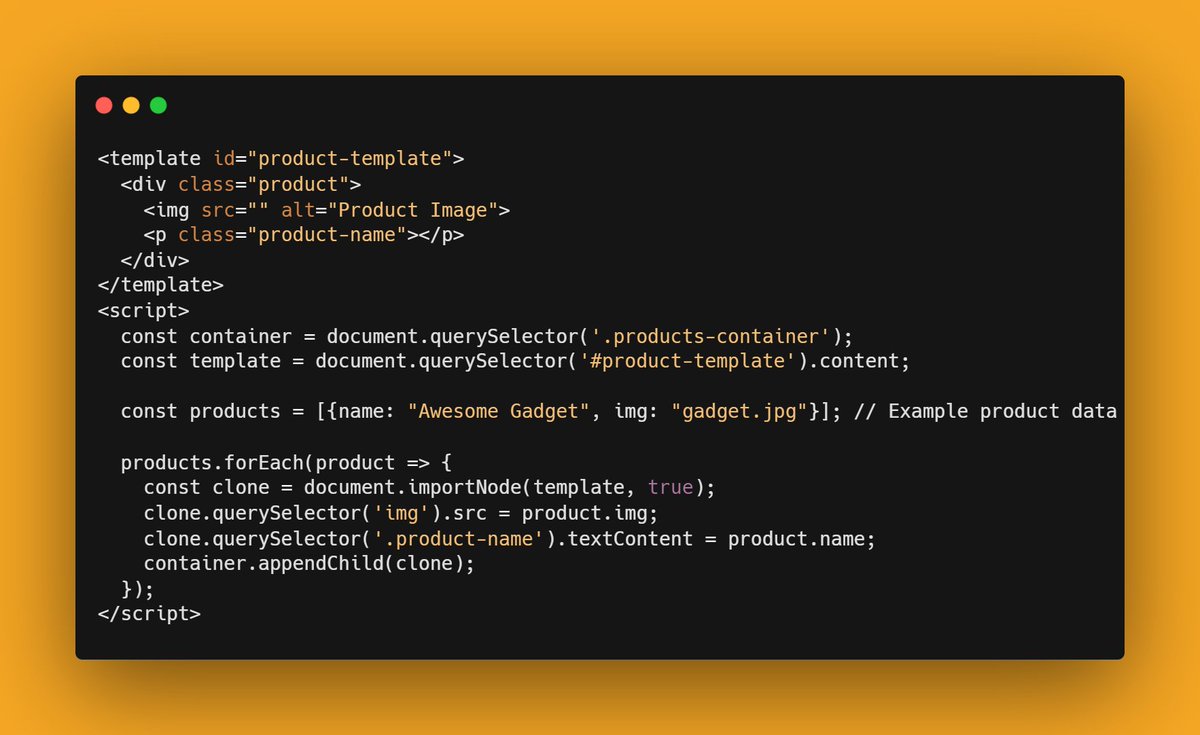 nrachabathuni's tweet image. Leverage the power of &lt;template&gt; tags for efficient DOM manipulation!
💡 Use &lt;template&gt; for cleaner, faster web apps. Dive into the example and boost your site's dynamic content
delivery!
#WebDevelopment
#HTML5Tips
#JavaScript
#WebDesign
#CodingExamples
#TechTips