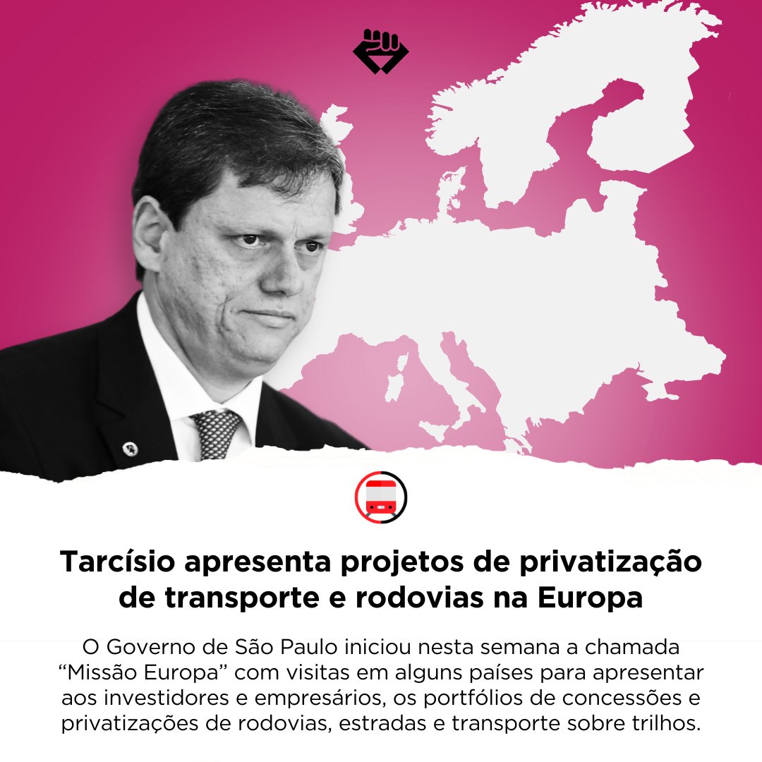 Metroviarios_SP's tweet photo. 🗞️ Tarcísio cria “Missão Europa” em busca de investidores para privatizar mais

Governador se reuniu com representantes das empresas Acciona, Banco Santander, Sacyr e Ghella, entre outras.
#NãoPrivatizaSP https://t.co/BencrNNedt