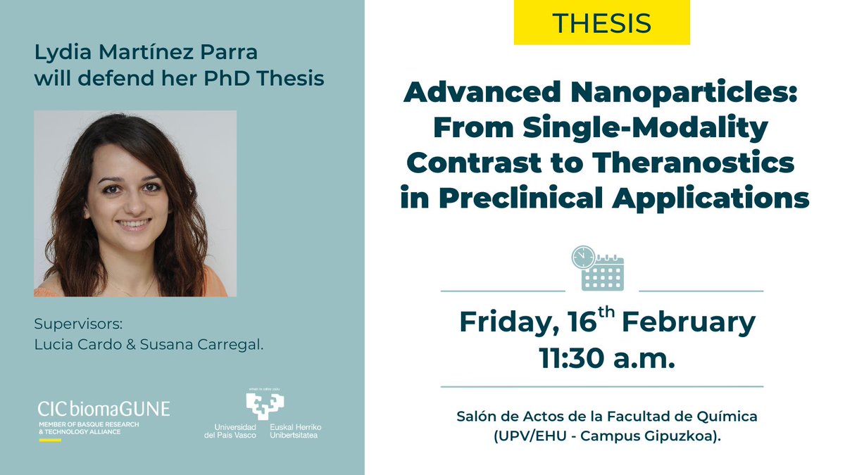 CIC biomaGUNE (@cicbiomagune) on Twitter photo #CICbiomaGUNEthesis
🤩 On Friday at 11:30 a.m. at the Lecture Hall of the Faculty of Chemistry <a href="/upvehu/">UPV/EHU</a>, Lydia Martínez Parra from <a href="/LabCarbon/">Carbon Bionanotechnology Lab</a> and <a href="/BiomagMfb/">Molecular&FunctionalBiomarkersLab</a>, is set to defend her thesis.
😀 Best of luck, Lydia!
<a href="/eleyygriega/">Lydia Martínez Parra</a>
#thesis #thesiswriting #science #research #Biomaterials #CICbiomaGUNEthesis
🤩 On Friday at 11:30 a.m. at the Lecture Hall of the Faculty of Chemistry <a href="/upvehu/">UPV/EHU</a>, Lydia Martínez Parra from <a href="/LabCarbon/">Carbon Bionanotechnology Lab</a> and <a href="/BiomagMfb/">Molecular&FunctionalBiomarkersLab</a>, is set to defend her thesis.
😀 Best of luck, Lydia!
<a href="/eleyygriega/">Lydia Martínez Parra</a>
#thesis #thesiswriting #science #research #Biomaterials