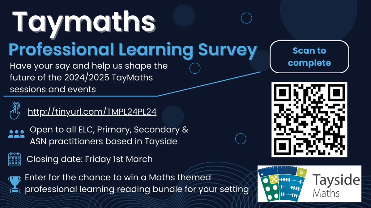 📢ELC, Primary, Secondary and ASN  practitioners  🗨️… what would you like  #TayMaths 🔦spotlights and professional learning to focus on? Let us know &amp; your setting could also win a maths professional learning reading bundle! 📚 🎁