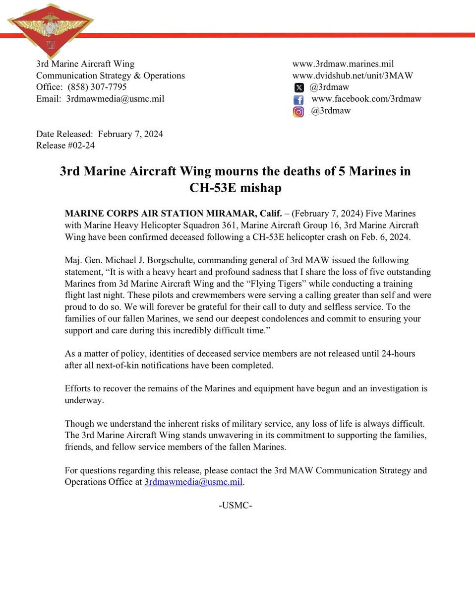 Update: The five 3rd MAW Marines have been confirmed deceased. “To the families of our fallen Marines, we send our deepest condolences and commit to ensuring your support and care during this incredibly difficult time.” -Maj. Gen. Borgschulte, 3rd MAW Commanding General