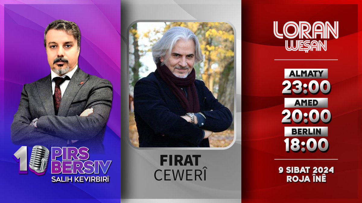 loran_wesan's tweet photo. Romanivîs, çîroknivîs, wergêr, kovarger û helbestvan Firat Cewerî, ji Stockholma paytextê Swêdê sibe êvarê dibe mêvanê bernameya “10 Pirs &amp; 10 Bersivê” ya Loran Weşanê û pirsên Salih Kevirbirî dibersivîne.

#10pirs10bersiv #firatcewerî #nûdem #hewar #celadetbedirxan #loranweşan https://t.co/at20qnLuAl
