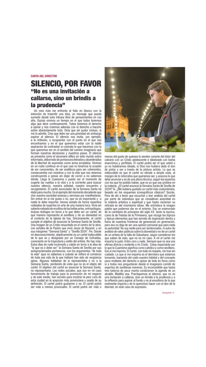 La nueva carta del director @niebladeltoro 

SILENCIO, POR FAVOR

'No es una invitación a callarse, sino un brindis a la prudencia'

#unicos #desde2006
#revistasocialdelsurdeespaña #revistaescaparate
#sevilla #andalucia #lafiestadelavida