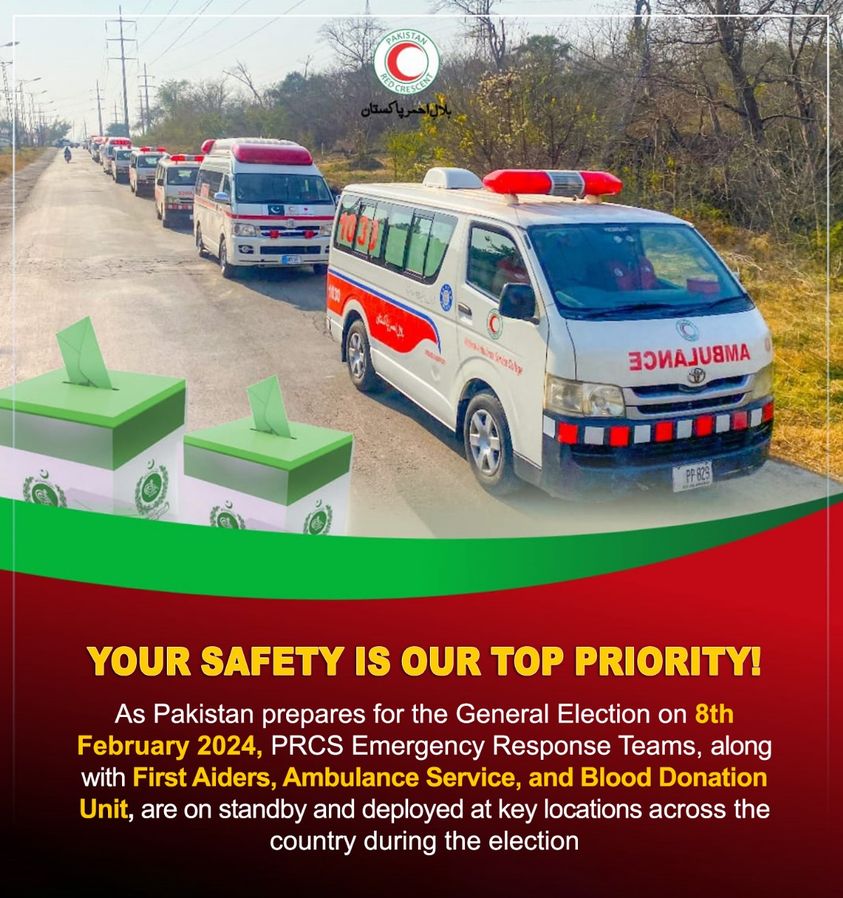 PRC_official's tweet photo. PRCS Emergency Response Teams, alongside essential services, stand ready across Pakistan for the General Election, ensuring safety and support.

#PRCS #EmergencyResponsePRCS #BahriaTown #HumanitarianAid #ElectionDay #FirstAid #EmergencyResponse #Rawalpindi #Islamabad https://t.co/M5hGWIuFjM