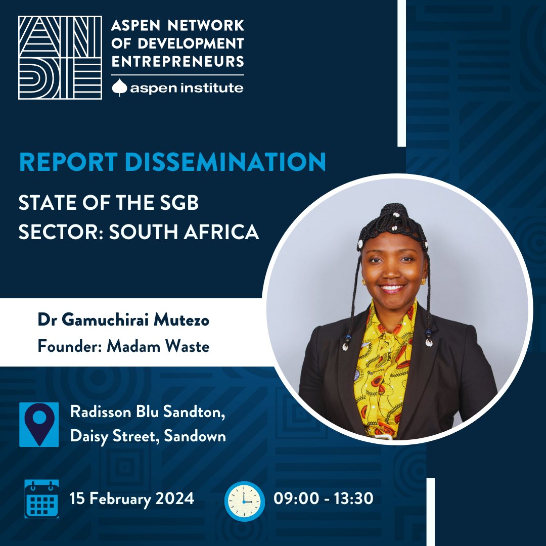 ANDE_ZA's tweet photo. We are excited to have Dr. Gamuchirai Mutezo as our guest speaker at the upcoming "State of the Sector" event! ✨

She has over 12 years’ work experience underpinned by #Entrepreneurship, #RenewableEnergy, applied #research and development!🌍

RSVP👉https://t.co/oplYzIqaK0 https://t.co/5ijTKCYGRf