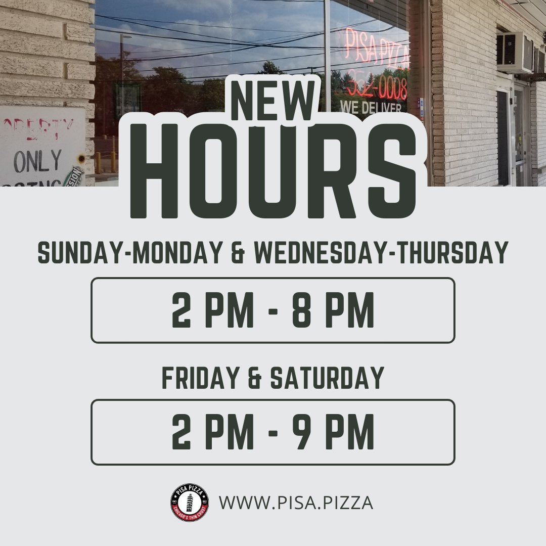 ❗We have new hours starting Monday, February 12th!❗ Sunday & Monday: 2pm-8pm Tuesday: Closed Wednesday & Thursday: 2pm-8pm Friday & Saturday: 2pm-9pm #newhours #pizzaeveryday #pizzapizzapizza #eatlocal #pisapizzacountryside