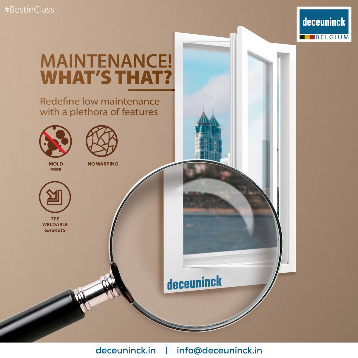 Experience hassle-free maintenance as our windows effortlessly uphold the charm of your living spaces with minimal effort, ensuring lasting appeal.

#SayYesToSustainability #SayYesToEnergySavings #SayYesToDeceuninck #SayYesToDeceuninck #deceuninck #deceuninckindia