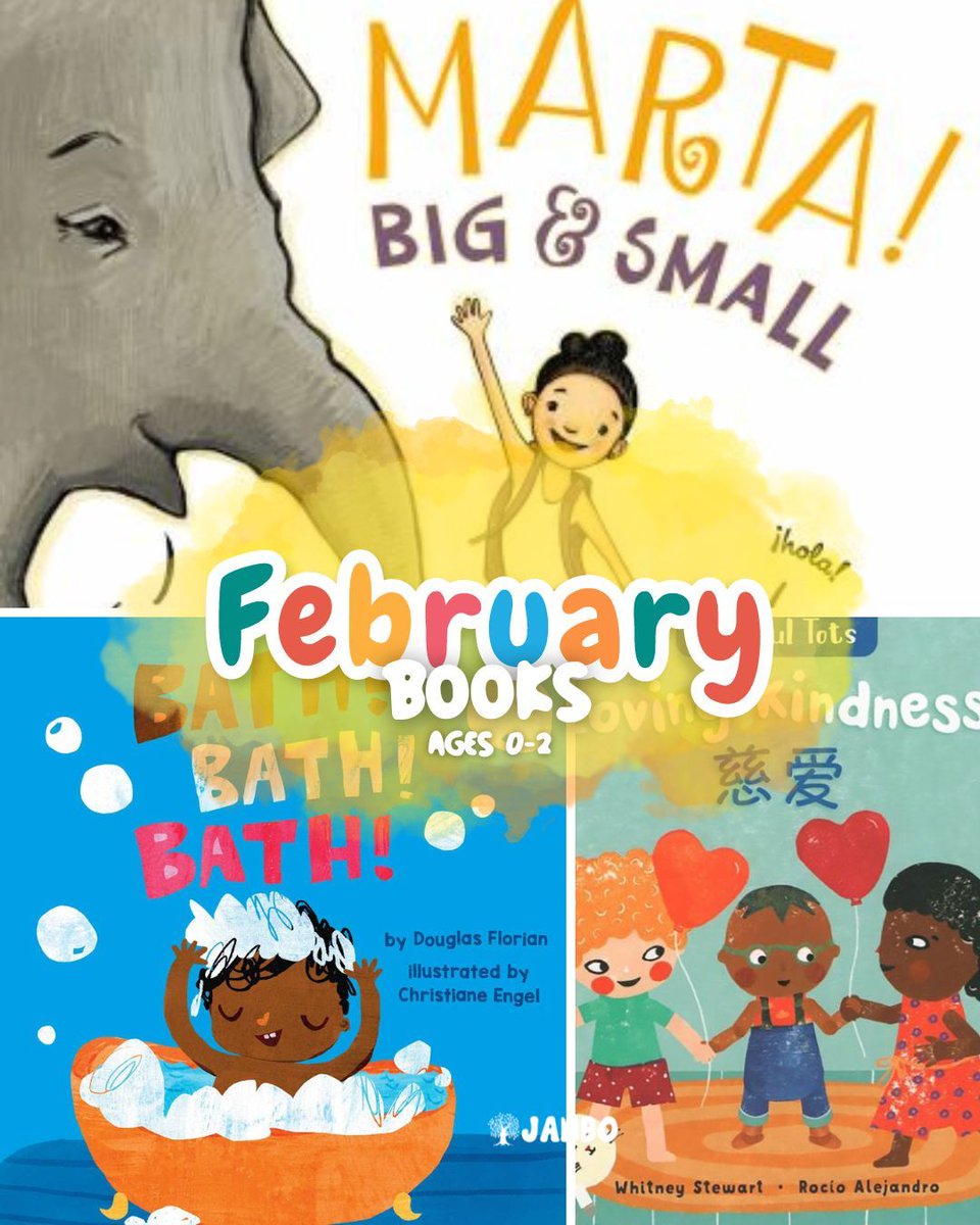 Check out our lineup of books for February on the way to our subscribers, ages 0-2! ❤️ Marta! Big & Small by @hallojen and @andominguez Bath! Bath! Bath! by @DouglasFlorian and Christiane Engel Mindful Tots: Loving Kindness by @WhitneyStewart2 and Rocio Alejandro