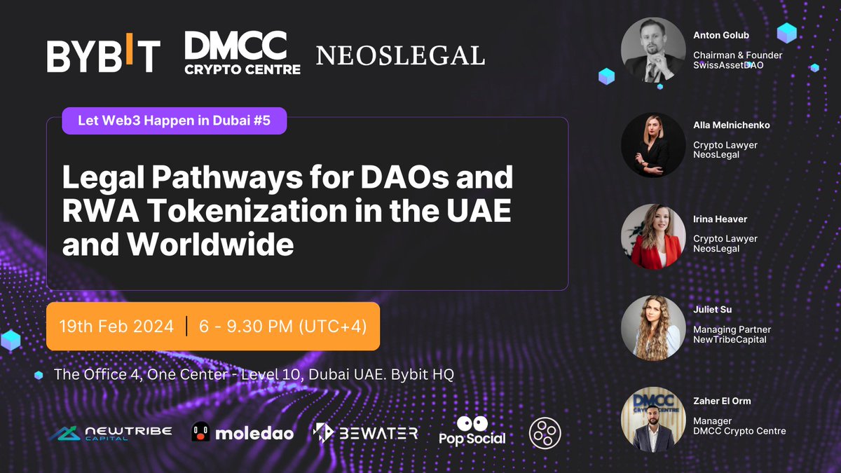 Bybit_Official's tweet photo. π Join "Let Web3 Happen in Dubai #5" with @Bybit_official, @dmcccrypto & @IrinaHeaver. Explore legal pathways for DAOs & RWA Tokenization globally.
π
Feb 19, 2024, 6 - 9:30 PM UTC+4
π One Central, Level 10, Dubai
βοΈ Register: https://t.co/UEde7nkSZf
#TheCryptoArk #BybitDMCC https://t.co/OqlFs0Hm7i