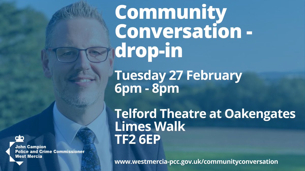 WestMerciaPCC's tweet image. PCC @johnpaulcampion is giving residents in #Oakengates the opportunity to voice their concerns.

The PCC along with local officers &amp;amp; the We Don&apos;t Buy Crime team will be the Telford Theatre in #Oakengates as part of his #CommunityConversation.

More info
pulse.ly/puy1v7vtbj