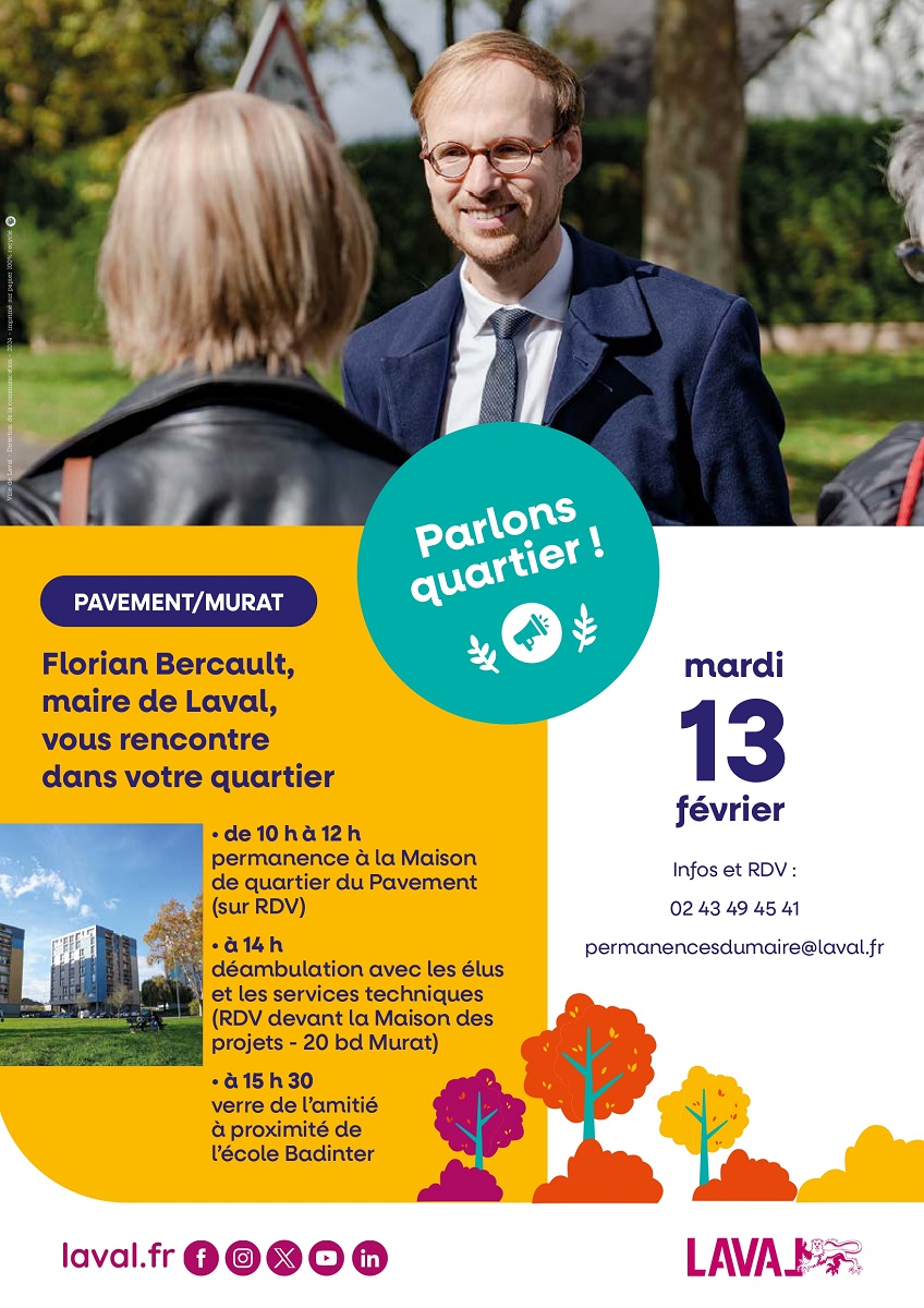 [QUARTIERS] Florian Bercault poursuit les rencontres avec les Lavallois dans les quartiers. Prochain RDV le 13 février, quartier Pavement/Murat.
✔️ Permanence à la Maison de quartier, de 10h à 12h.
✔️ Déambulation au cœur du quartier à 14h.
Tous les détails 👇