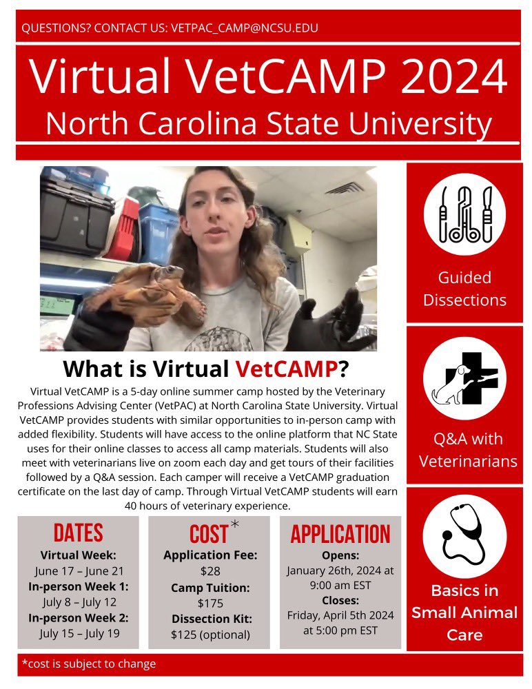 NCStateVetPAC's tweet photo. Vet Summer Camp @NCState is now accepting applications.  Please provide specific details in the form, it’s a very competitive one to get it.  Virtual camp is equally engaging via shipped anatomy kits &amp; an economical option. @NCStateAlumni @WCPSS @NCVMA @NCStateCALS @CALS_Dean https://t.co/8WRPZkN1KI