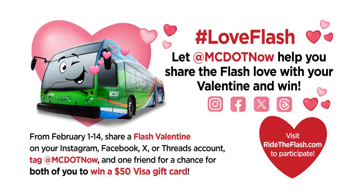 MontgomeryCoMD's tweet photo. Catch the love bug with @MCDOTNow! 🚌💖 Spot a Flash bus adorned with heart-shaped neon for a romantic vibe this February. Share a #LoveFlash Valentine on social media, tag your sweetheart & MCDOT for a chance to win $50 gift cards for both of you!💌💑
🔗 https://t.co/pqght0Dd8S https://t.co/i2wiPSpBo7