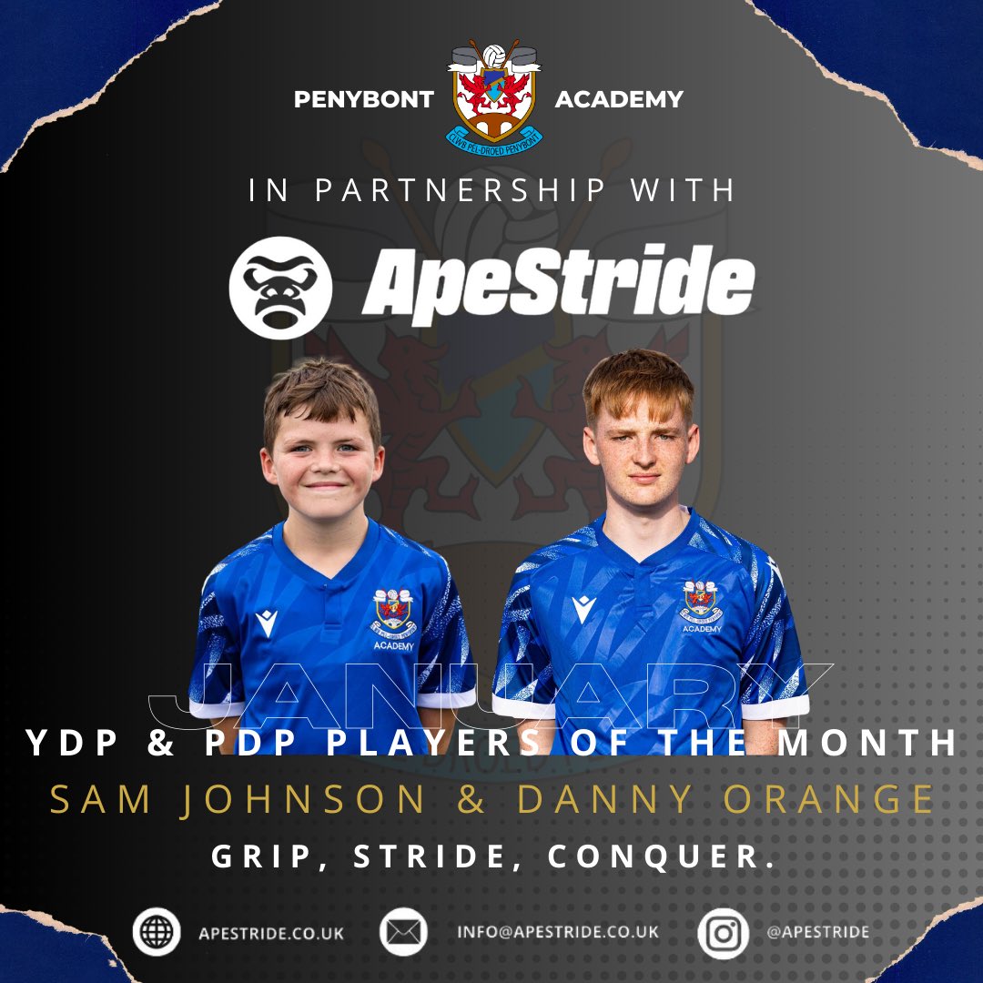 Introducing the Penybont Academy Team Of  The Month in partnership with <a href="/ApeStride/">ApeStride</a>.

Congratulations to all players nominated and a special mention to Sam Johnson &amp; Danny Orange who have been nominated as the YDP &amp; PDP Players Of The Month for January.

#GripStrideConquer 🔵⚪️⚽️