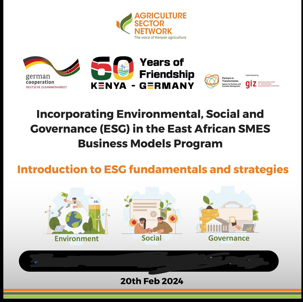 AsnetKenya's tweet photo. COMING UP: Introduction to #ESG Fundamentals and Strategies.
Date: February 20, 2023
Time: 8.30 - 1.00 pm
to participate via zoom register using the link https://t.co/oEdTpuEzvy
#ESG #SustainableBusiness #EastAfricaSMEs #PartnersinTransformation #AWE https://t.co/nm9unoq2P4