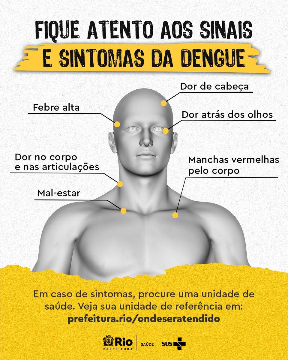 Dengue é coisa séria!

Por isso, é preciso estar atento aos sinais mais comuns e, caso apresente os sintomas, buscar atendimento em uma unidade de saúde.

📌 Veja sua clínica da família ou centro municipal de saúde de referência em: prefeitura.rio/ondeseratendido.