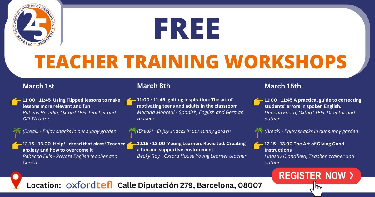 In #Barcelona this March? Why not join us at our free #teachertraining workshops? Register now for your free spot 👉tinyurl.com/yckm22a9 #teachertips #barcelonaevents