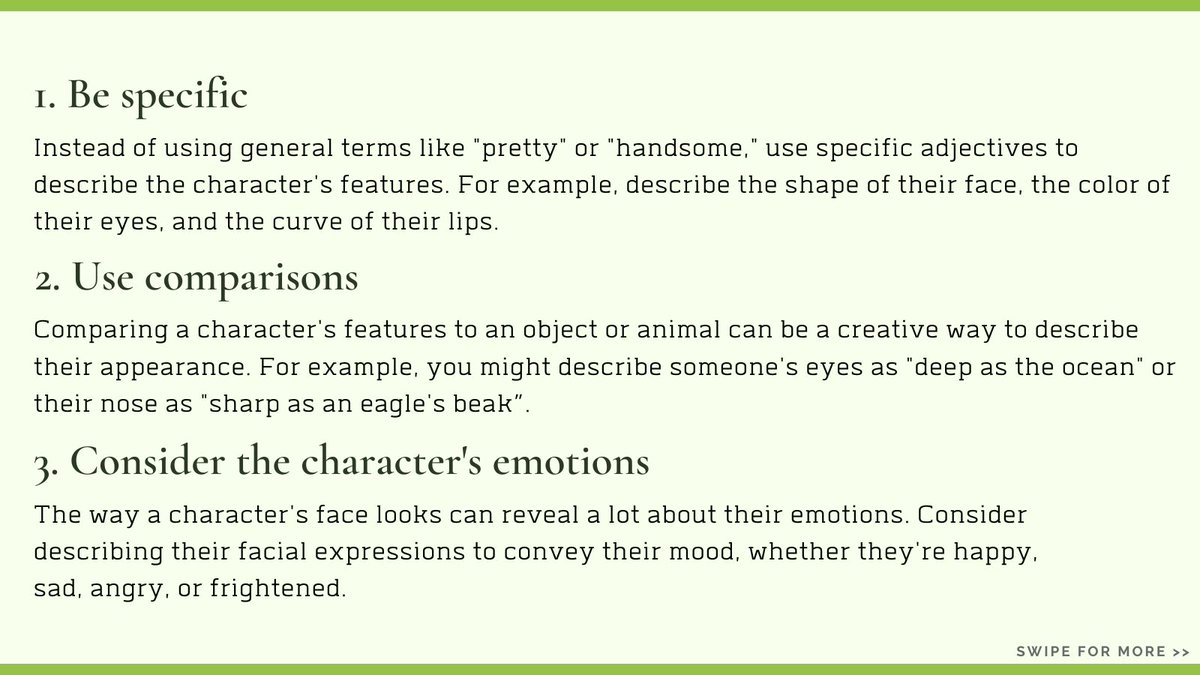 EdioakEdits's tweet image. Dive into our guide for tips on how to breathe life into your characters' features, from the sparkle in their eyes to the curve of their lips. Elevate your storytelling with rich descriptions that leap off the page!
#characterbuilding #writingtips #writingcommunity #authorlife