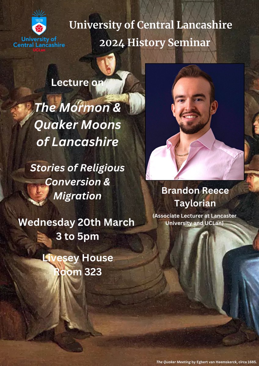 I’m very pleased to announce my upcoming lecture @UCLan for the 2024 History Seminar where I will be presenting research about my ancestors in the Moon family who converted to Quakerism in 1653 and another branch becoming Mormons in 1837 with relevance to Lancashire local history