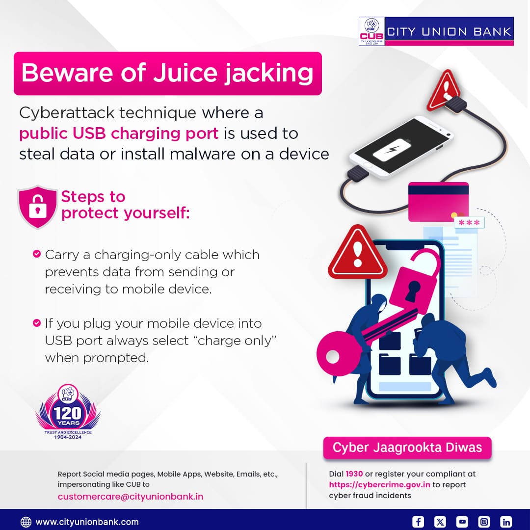 cubltd's tweet photo. #120YearsBanking #securityawareness #CyberJaagrooktaDiwas  #cybersecurity #DigitalIndia #cubltd #cityunionbank #CUBConvenientBanking https://t.co/uEAbzvBRmR