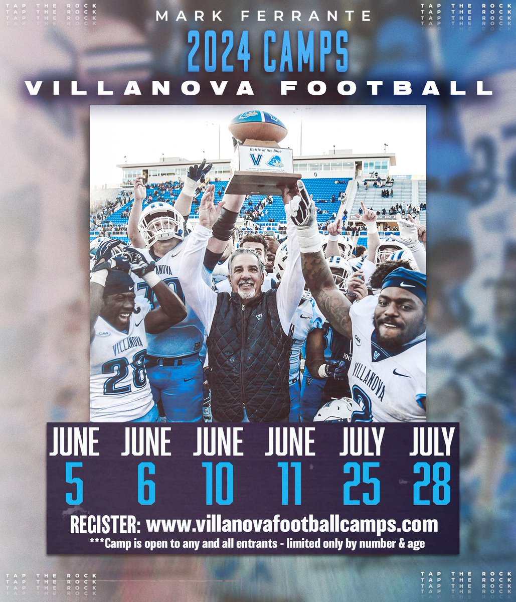 ‼️ 2024 PROSPECT CAMP DATES ‼️

GREAT OPPORTUNITY TO COMPETE THIS SUMMER!!!

SIGN UP: villanovafootballcamps.com 

#TapTheRock #FlyTheV