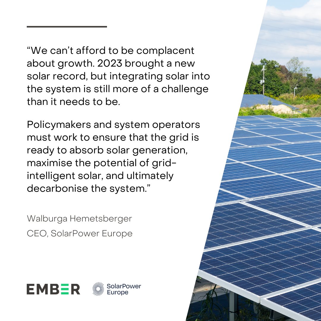 'We can't afford to be complacent about growth,' says @SolarWalburga of @SolarPowerEU Learn more about Europe's solar in #EER24 ☀️ ember-climate.org/insights/resea…