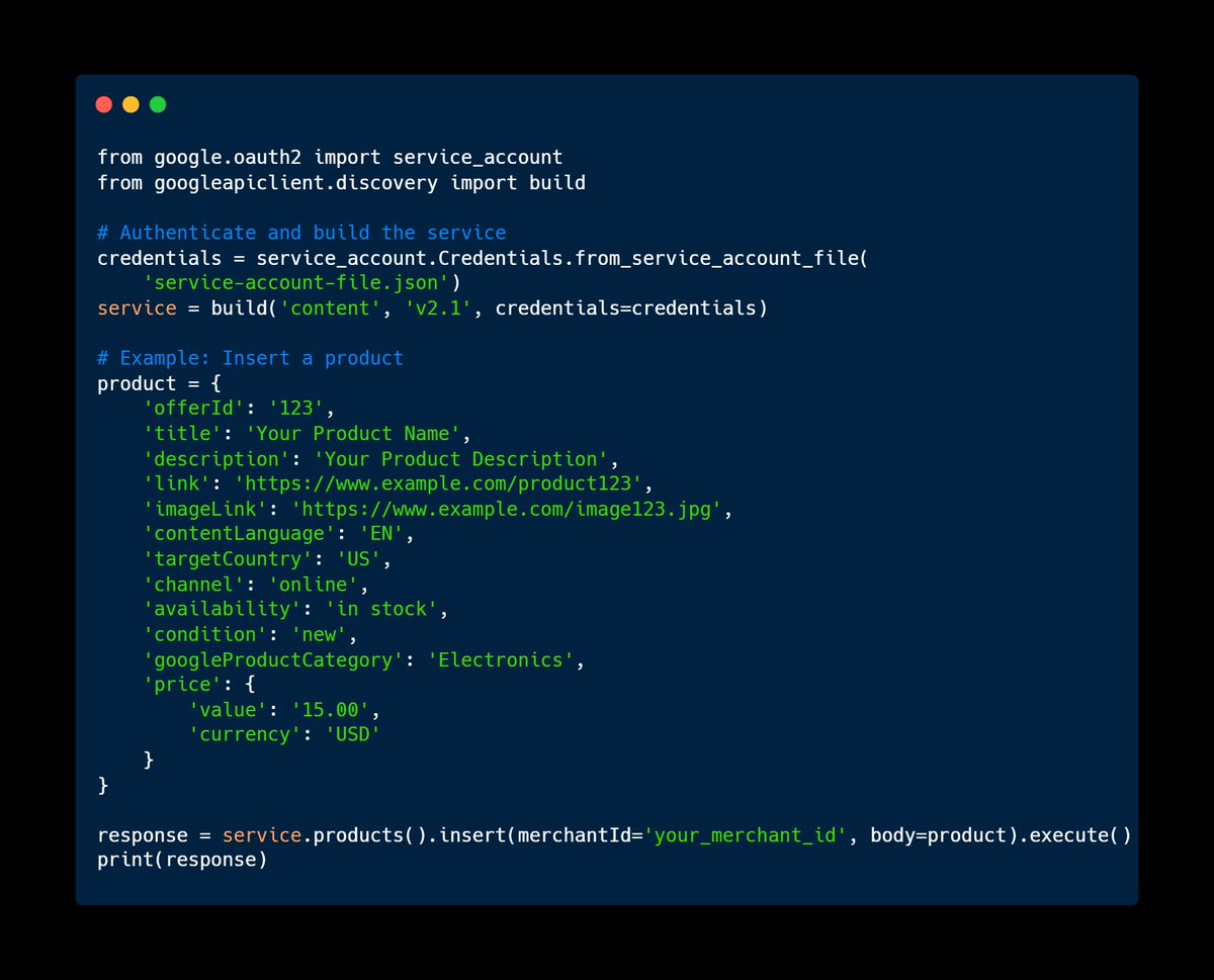 nrachabathuni's tweet image. Automate your product listings with Google's Content API for Shopping! Streamline your e-commerce operations by programmatically managing your product data on Google Merchant Center
#Ecommerce #GoogleMerchantCenter #ContentAPI #OnlineRetail #ProductManagement #DevTips