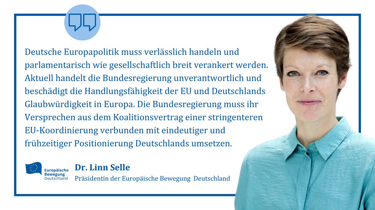 Wie verlässlich ist Deutschland? Diese Frage müssen sich unsere 🇪🇺 Partner stellen, wenn längst ausgehandelte #Kompromisse plötzlich verworfen werden. Die Bundesregierung beschädigt die Handlungsfähigkeit der 🇪🇺 & 🇩🇪 Glaubwürdigkeit in #Europa, so #EBDpräsidentin @linn_la_s.