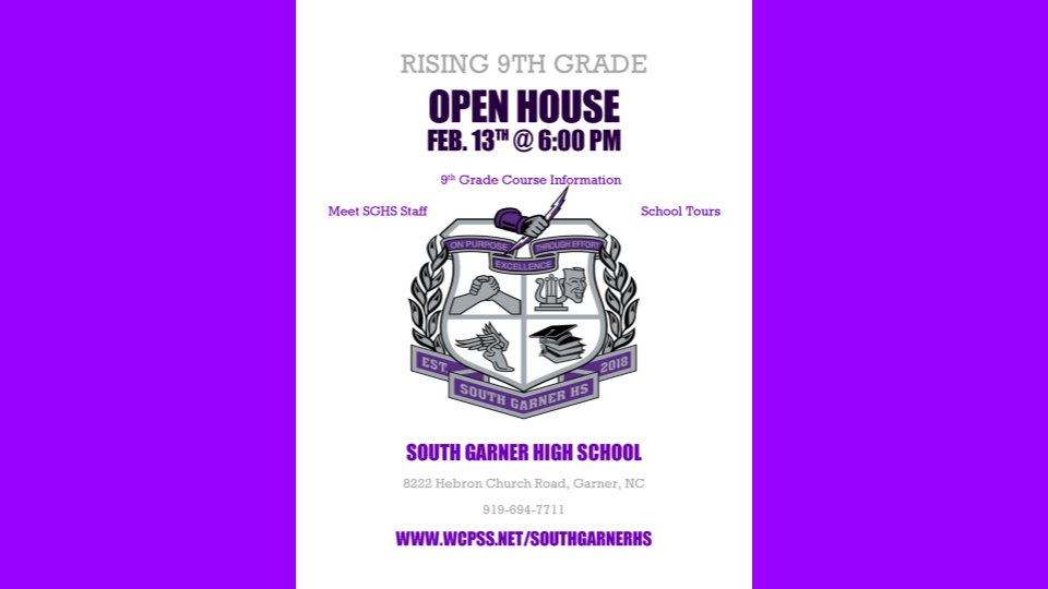 SouthGarnerHS's tweet photo. π Join us for the Rising 9th Grade Open House on Tuesday, Feb 13 at 6 pm! π« Meet some of our awesome SGHS Staff, take a school tour, and get the scoop on all things 9th Grade Course Info! π Can't wait to meet YOU! π€© #SGHSOpenHouse #FutureFreshmen π https://t.co/Zj2G1QbIjM