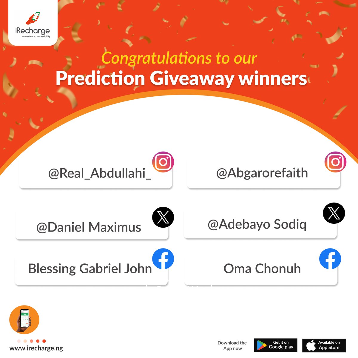 iRechargeNG's tweet photo. 🏆⚽️ Huge congrats to our AFCON Predict & Win giveaway winners! 🎉 Your foresight in the semi-finals predictions was spot on, @danielmaximus @adebayosodiq 🙌🎁 Enjoy your well-deserved prizes and let the celebration continue! 🥳🔥 #iRecharge #AFCONPredictAndWin #WinnersCircle #Easybillpayment