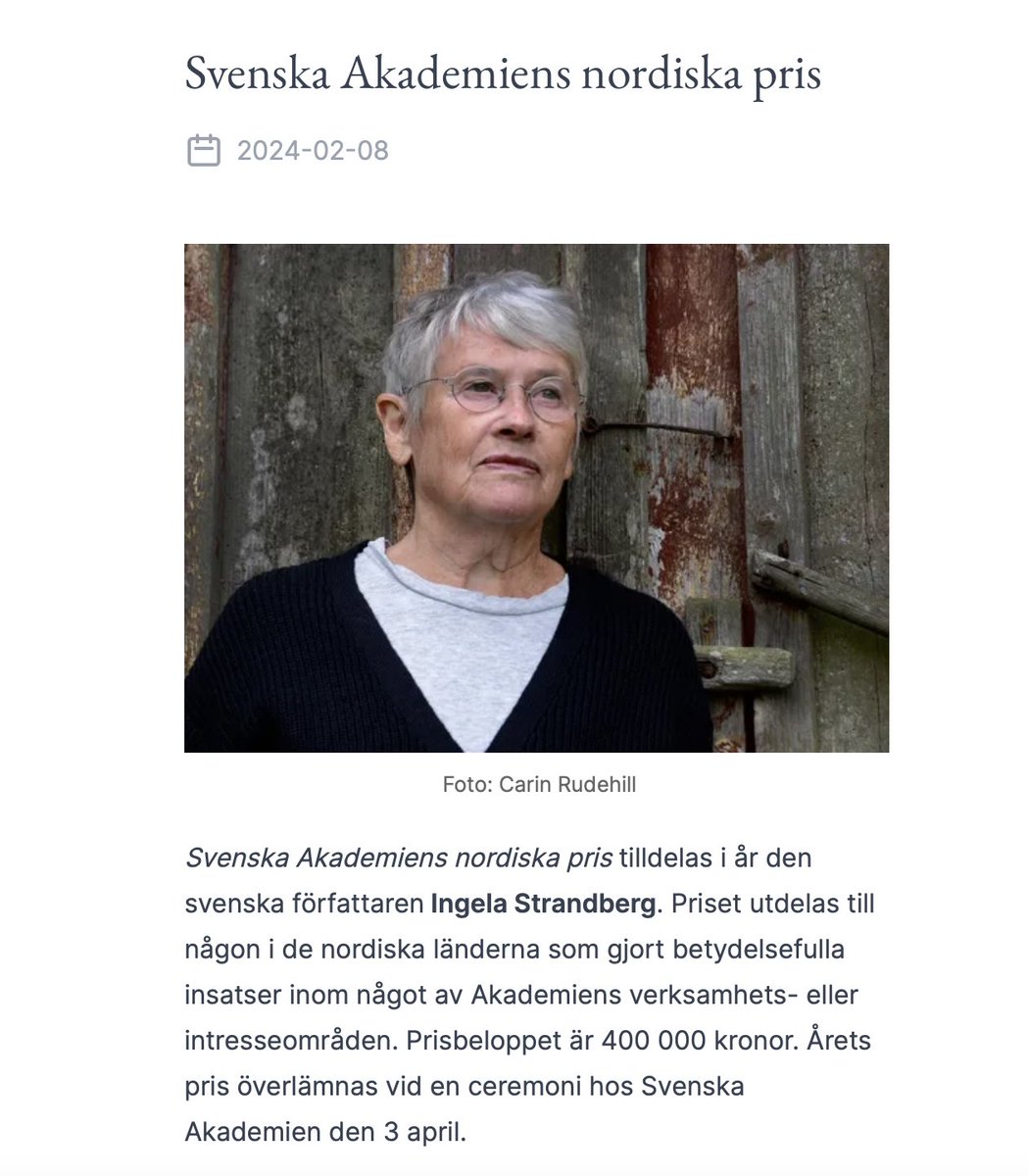 Ingela Strandberg är en av mina favoritpoeter, så tycker det här är 🔥

svenskaakademien.se/press/nordiska…