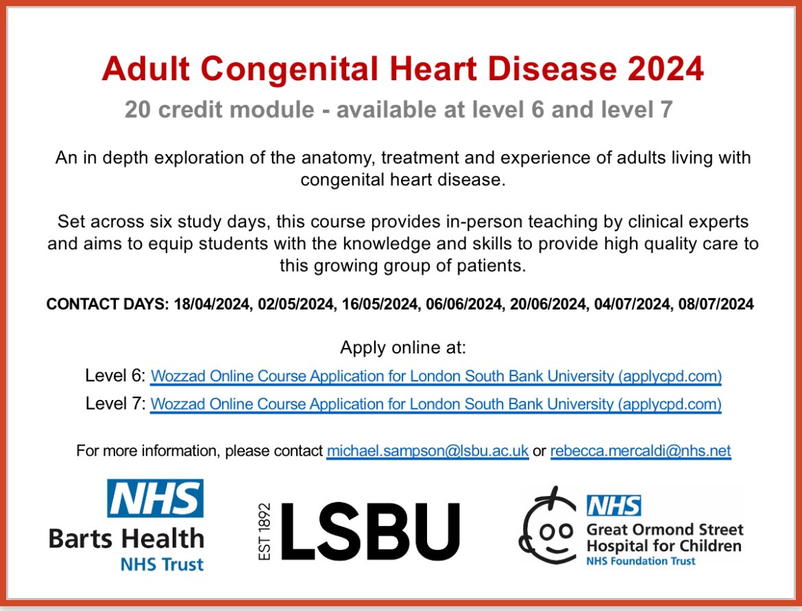 Want to increase your #CHDAwareness ? Especially about #ACHD ? 🫀🩺

Apply now for this year’s #ACHD module with @BartsHospital and <a href="/LSBU/">London South Bank University - LSBU</a>  🤓 🧑‍🎓