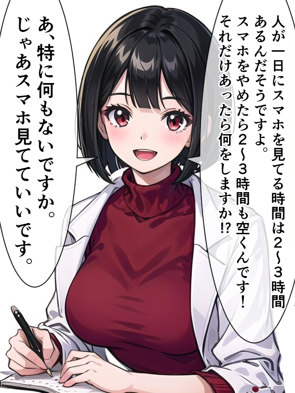 スマホを見すぎてしまう患者さんを説得する女医ちゃん。 
