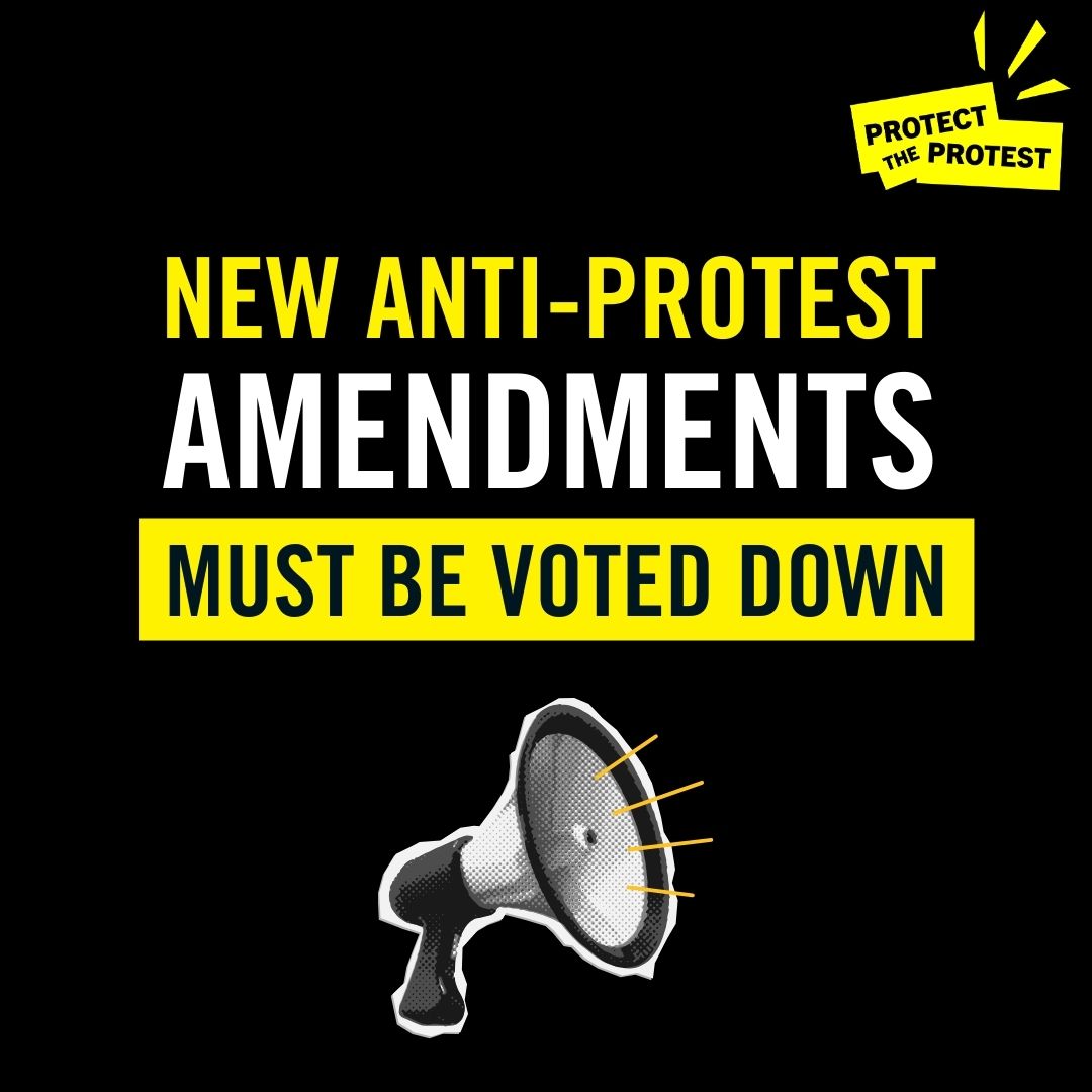 🆘 NEW: anti-protest measures in UK government's #CriminalJusticeBill

These new amendments are not isolated.

They're part of the UK government's crackdown on our right to protest. They must be voted down and resisted.

Act now to scrap anti-protest laws: amn.st/6018VTNX2