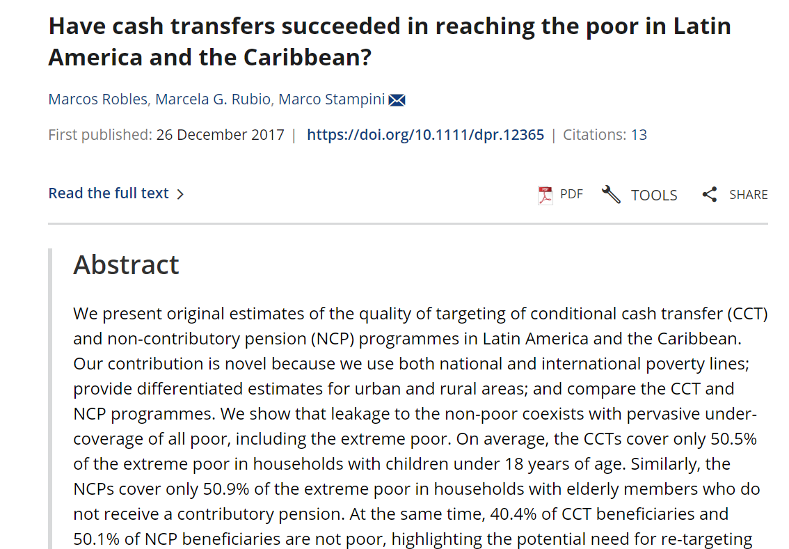 David Evans (@daveevansphd) on Twitter photo In Latin America and the Caribbean, conditional #cashtransfers "cover only 50.5% of the extreme poor in households with children under 18 years of age... At the same time, 40.4% of CCT beneficiaries...are not poor." onlinelibrary.wiley.com/doi/abs/10.111… by Robles, <a href="/marcelarubio28/">Marcela G. Rubio</a>, & @MStampini In Latin America and the Caribbean, conditional #cashtransfers "cover only 50.5% of the extreme poor in households with children under 18 years of age... At the same time, 40.4% of CCT beneficiaries...are not poor." onlinelibrary.wiley.com/doi/abs/10.111… by Robles, <a href="/marcelarubio28/">Marcela G. Rubio</a>, & @MStampini