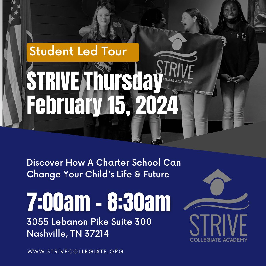 What R U doing Feb. 15th? Want free breakfast? Discover STRIVE Collegiate Academy. Join us Thurs. 2/15, for a student-led tour &amp; brief admin presentation 7:00am - 8:30AM. 3055 Lebanon Pike, Ste 300. Text 615.417.9041 or DM us to RSVP!

#hipdonelson