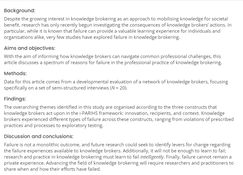 'Theorising a spectrum of reasons for failure in #knowledgebrokering: a developmental evaluation' by <a href="/Steve_KMbRI/">Stephen MacGregor, PhD, OCT</a>

From <a href="/EvidencePolicy/">Evidence & Policy</a> latest #SpecialIssue ⬇️
doi.org/10.1332/174426…