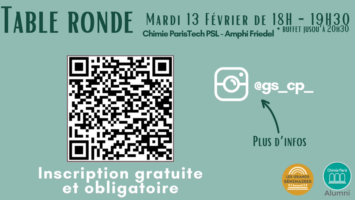 🎓Les Grands Séminaires des Alumni reprennent @ChimieParisTech @psl_univ ➡️Mardi 13 février en amphi Friedel de 18h à 20h30 Ne les manquez sous aucun prétexte ! Attention : l'évènement est gratuit, mais une inscription est nécessaire vu.fr/BCOd