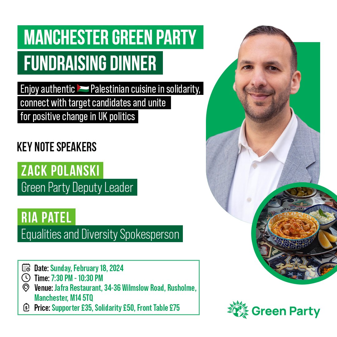 Join us for an inspirational evening with the Green Party! in Manchester. Hear Zack Polanski Deputy Leader of the Green Party talk about our party's ambitions for 2024 and how you can get involved. Book your tickets now: actionnetwork.org/ticketed_event…