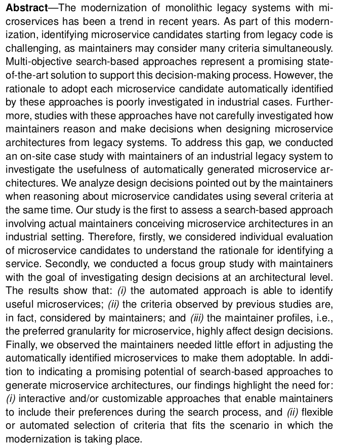 wesleyklewerton's tweet image. The preprint of our IEEE Transactions on Software Engineering (@ieeetse) paper: "On the Usefulness of Automatically Generated Microservice Architectures", is available only (Early Access) -> doi.org/10.1109/TSE.20…