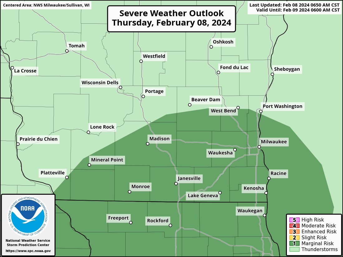 WaukeshaAlerts's tweet photo. The level 1 risk of severe weather today has been expanded to include all of Waukesha County. 

Have multiple ways to recieve warnings, all hazards are possible including tornadoes with any storm that breaks the cap and taps into any available instability. https://t.co/qso725nIxN