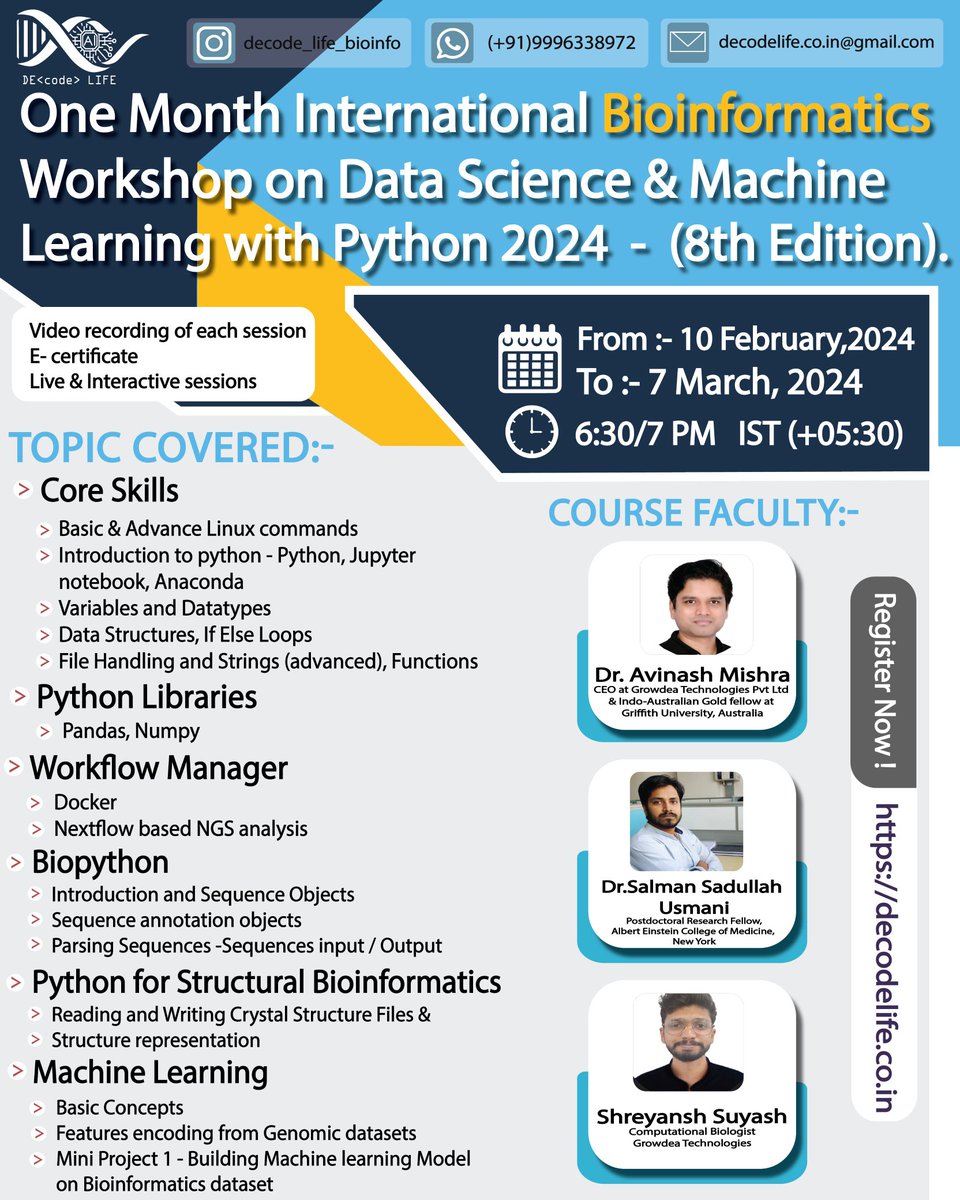 Last 2 days to Register for one month International #bioinformatics workshop on - Data Science and Machine Learning with Python starting from 10 February,2024.

Link - decodelife.co.in

#genomics