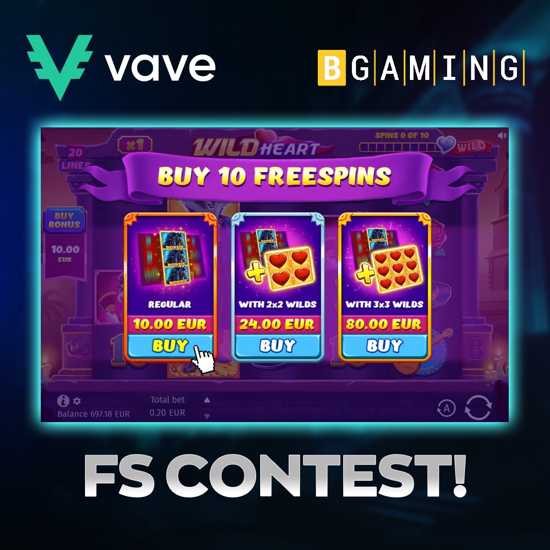 official_vave's tweet photo. 🎉 100 Free Spins giveaway! 

Rules:

♻️RT &amp; Follow 
♻️Guess our win amount from the least expensive bonus game in Wild Heart by BGaming

🔗 https://t.co/SNdNJUQaCW

#vave #crypto #casino #giveaway #giveawayalert #slots #bigwin #jackpot #wild #heart https://t.co/zxDpQLrGnk